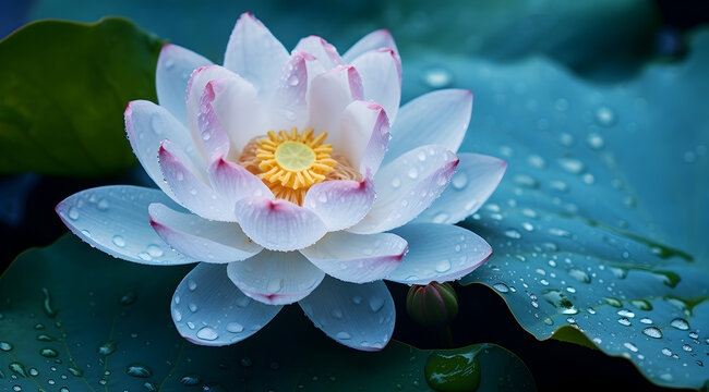 White lotus in full bloom with droplets on petals, against green leaves.