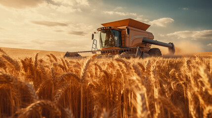 Fototapeta premium Mechanical Poetry: Wheat Fields' Ode to Harvest, Generative AI