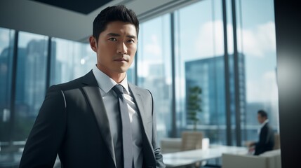 Portrait serious Asian businessman in glasses and business suit in modern office - obrazy, fototapety, plakaty