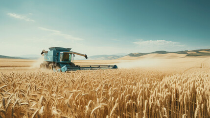 Obraz premium Harvesting Gold: Wheat Fields Embrace the Thresher, Generative AI