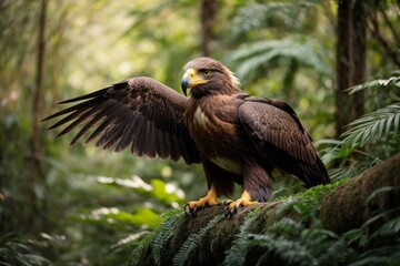 Fototapeta premium Majestic Eagle Prowls Jungle Depths in Soft Morning Light – Ultra Realistic Wildlife Photography Inspired by National Geographic
