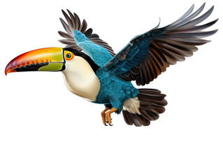 Vivid Toucan in Flight: Wings Stretched Wide, Beak Forward Isolated on Transparent or White Background, PNG