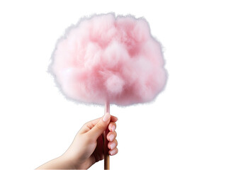 Hand Holding Cotton Candy Stick Isolated on Transparent or White Background, PNG