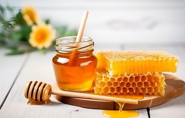 fresh honey in jar and honeycombs on white wooden table for sweet dessert food medical healthy design