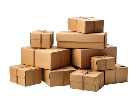 Pile of Cardboard Delivery Boxes in Various Sizes and Shapes Isolated on Transparent or White Background, PNG