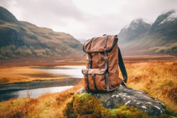 backpack in the background of breathtaking view of Scottish highlands, surrounded by majestic mountains.