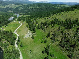 Aerial view of a green mountain landscape and alpine meadows where a river flows from the mountains and a beautiful coniferous forest stretches.