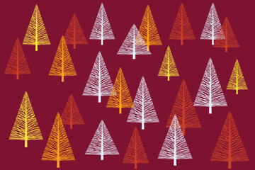 Vector Christmas card with abstract trees on red background.