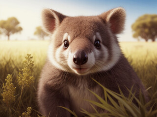 Fototapeta premium Cute Photo of a wallaby standing in the grass at sunset, Generative Ai