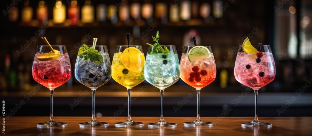 Poster five vibrant gin tonic drinks in wine glasses on bar counter in establishment copy space image place