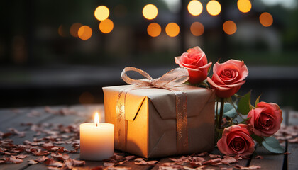 Elegant gift box with ribbon, candle, and rose on a wooden table.