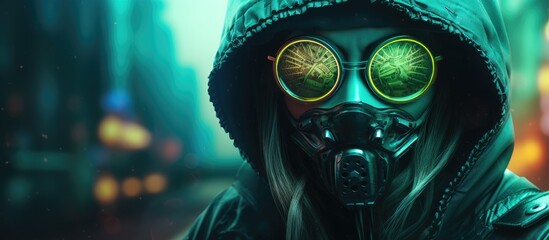Cyberpunk inspired girl wearing a leather hoodie jacket gas mask and protective glasses Colorful 3D render of glowing green wires on a city backdrop with a skull featuring a cross in its eyes C - obrazy, fototapety, plakaty