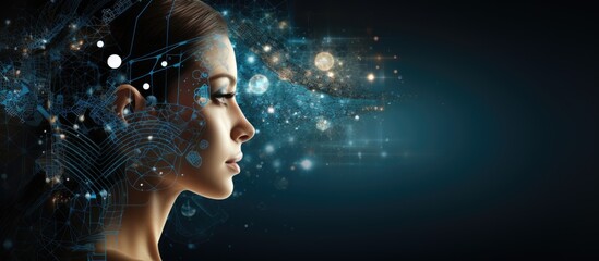 Female profile and fractal elements in technology science and education projects Copy space image Place for adding text or design - obrazy, fototapety, plakaty