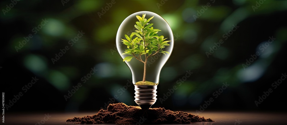 Poster eco concept bulb sprouting green tree copy space image place for adding text or design