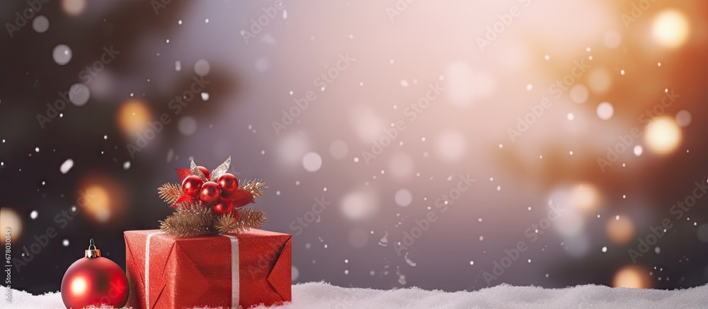 Poster festive holiday card with red handwriting tree and gift box amidst blurred lights copy space image p