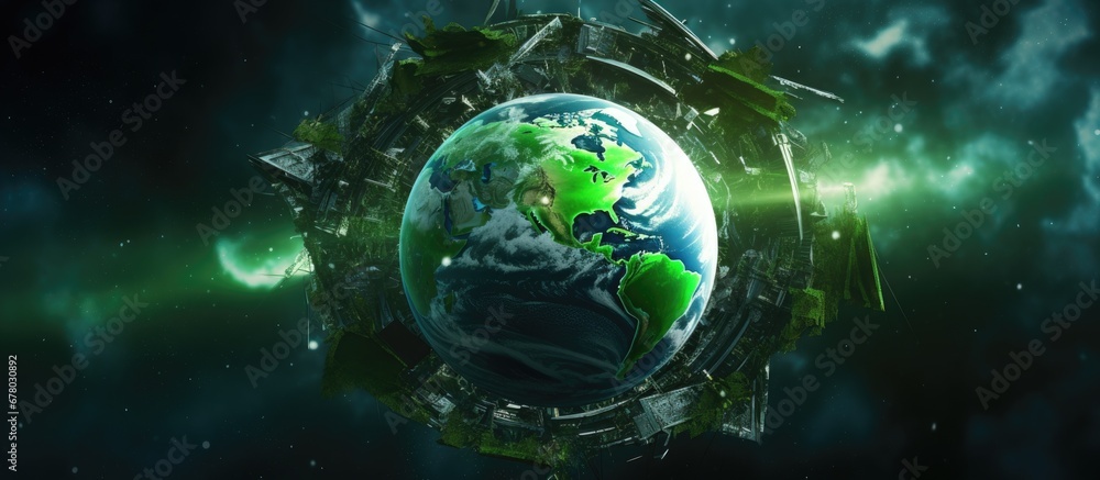 Poster earth symbolizing recycling as a green planet copy space image place for adding text or design
