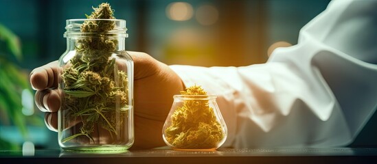 Doctor holding cannabis products in a science lab Medical marijuana Copy space image Place for adding text or design