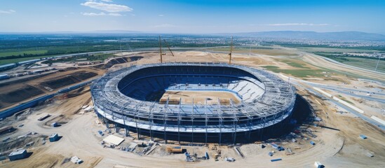Constructing new football stadium with aerial view of building site Copy space image Place for...