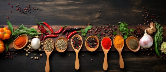 Dry colorful spices arranged on rustic table depicting various culinary ingredients such as pepper chili curry saffron and garlic Copy space image Place for adding text or design
