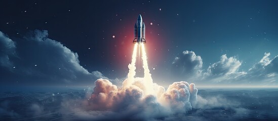 Creative startup exploring concept with 3D rendering launching rocket in dark starry sky Copy space image Place for adding text or design - obrazy, fototapety, plakaty
