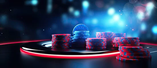 Fotobehang Floating blue podium with neon ring 3D dice and realistic casino chips in a dark scene Copy space image Place for adding text or design © Ilgun