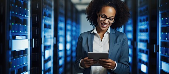 Female e business entrepreneur enjoys using a tablet while IT engineer and system administrator work in a cloud server farm Copy space image Place for adding text or design - obrazy, fototapety, plakaty