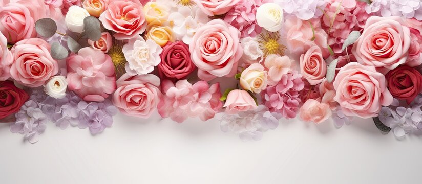 Colorful fresh rose bouquet creating a wedding flower backdrop Copy space image Place for adding text or design