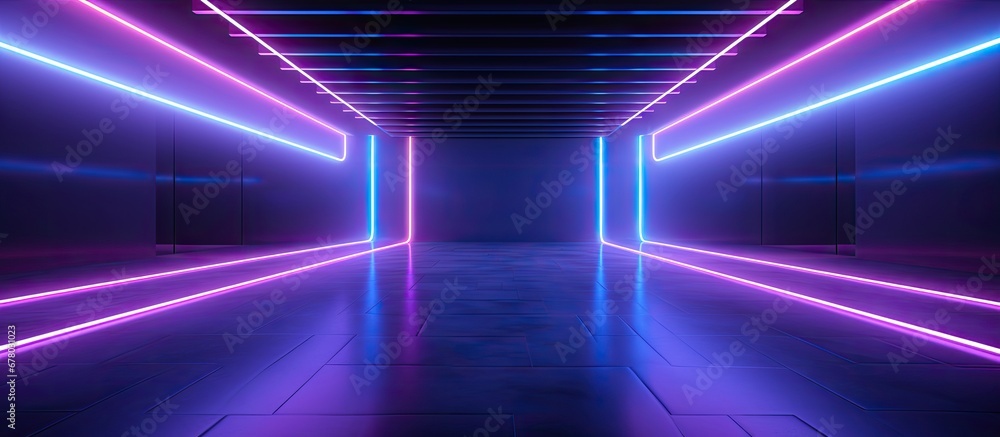 Poster empty stage with neon tubes concrete walls purple and blue glow copy space image place for adding te