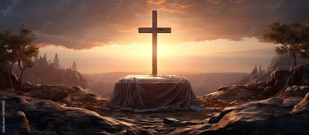 Aufkleber empty tomb at sunrise following crucifixion copy space image place for adding text or design