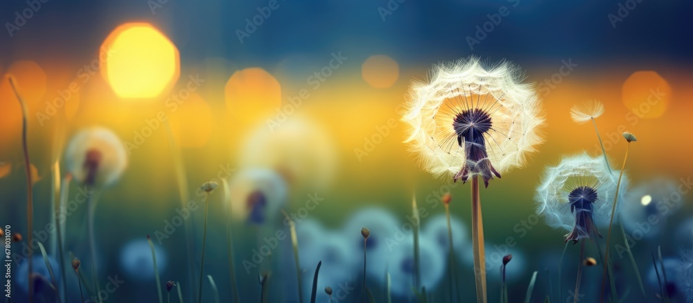 Poster colorful image of dandelion flowers in a field at sunset on a dark blue green background copy space 