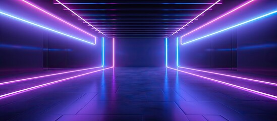 Empty stage with neon tubes concrete walls purple and blue glow Copy space image Place for adding text or design