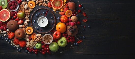 Digestion intestines nutrition timing timing diet fasting Crohn s disease inflammatory bowel disease fruit vegan clock and food Copy space image Place for adding text or design - obrazy, fototapety, plakaty