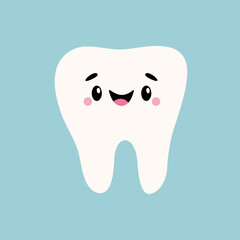 White tooth icon. Healthy teeth. Cute cartoon kawaii smiling funny face baby character. Eyes, cheeks, brows. Oral dental hygiene. Children teeth care. Flat design. Blue background.