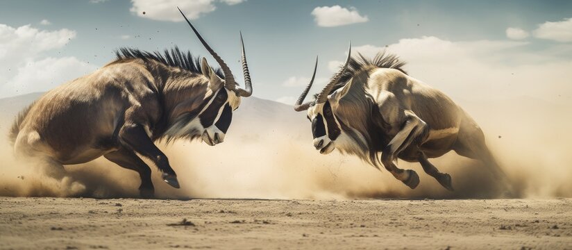 Fierce battle of male Gemsbok on dusty Etosha plains Copy space image Place for adding text or design