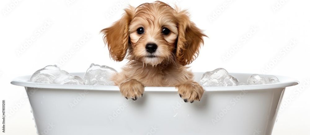 Poster dog being washed alone in studio basin on white background copy space image place for adding text or
