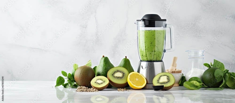 Poster fresh smoothie and blender with ingredients on marble table in kitchen copy space image place for ad