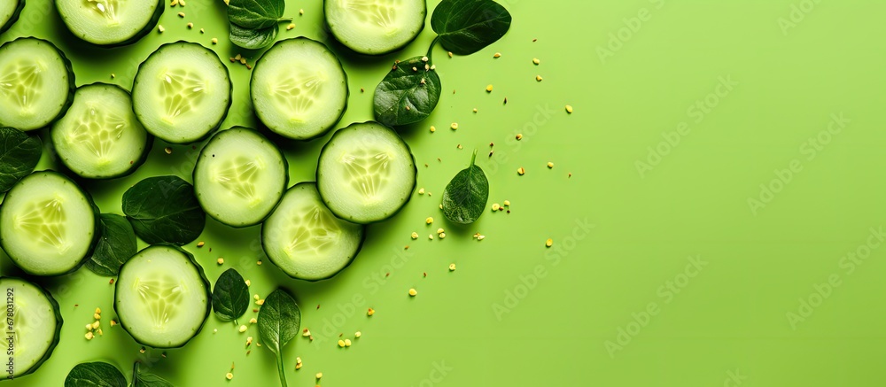 Aufkleber cucumber arranged creatively on a green surface flat lay food idea copy space image place for adding