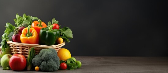 Fresh organic fruits and vegetables in basket on grey background close up Copy space image Place for adding text or design