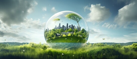 Environmentally friendly factory Sustainable and responsible practices Minimize environmental impact Incorporate sustainable technologies Operate in harmony with nature Copy space image Place f - obrazy, fototapety, plakaty