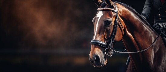 Dressage sport Training a horse with a rider in the arena Copy space image Place for adding text or design - obrazy, fototapety, plakaty