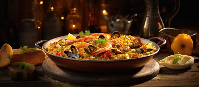 dish with seafood and rice Copy space image Place for adding text or design