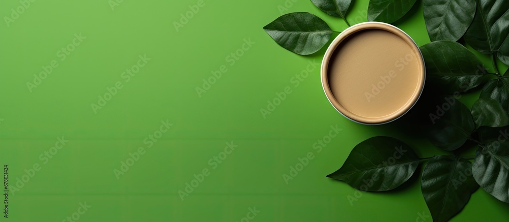 Aufkleber eco friendly disposable coffee cup with green leaf zero waste and cardboard material top view with c