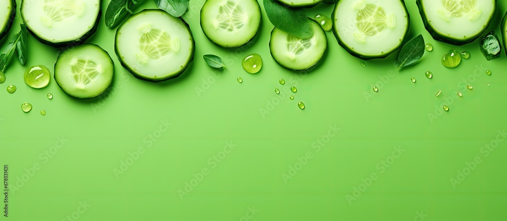 Aufkleber cucumber arranged creatively on a green surface flat lay food idea copy space image place for adding