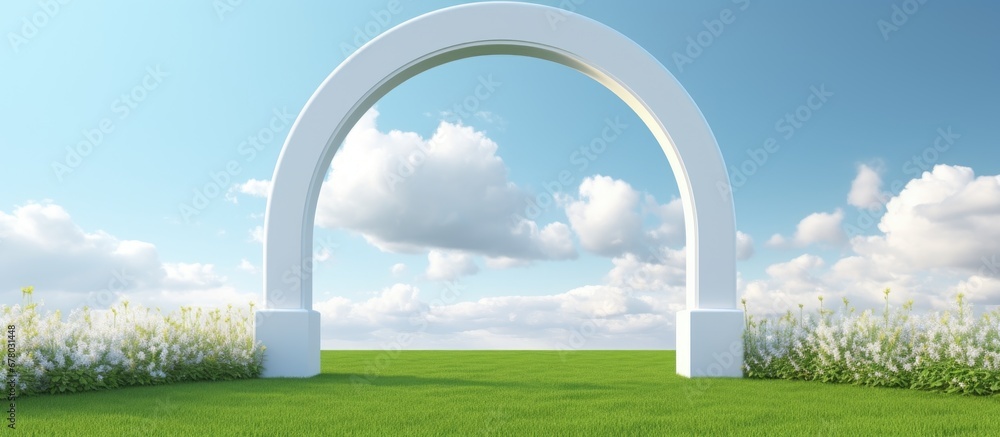 Poster empty 3d rendered space white arch on green grass at heaven meadow copy space image place for adding