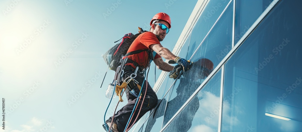 Poster facade climbers responsible for high rise building hse copy space image place for adding text or des
