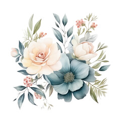 Watercolor floral arrangement is displayed against a transperent background for creative artworks that require floral illustrations.