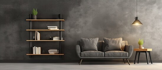 Contemporary grey living room with black sofa armchair coffee table bookshelves and lamp featuring a concrete floor 3D rendering Copy space image Place for adding text or design - Powered by Adobe