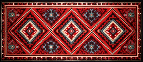 Detailed retro red rug with vintage Arabian traditional motifs Copy space image Place for adding text or design - obrazy, fototapety, plakaty