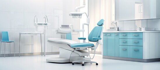 Empty dentist cabinet with white oral treatment equipment Modern medical chair Concept of interiors Copy space image Place for adding text or design - obrazy, fototapety, plakaty