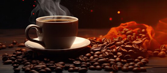 Coffee made from roasted beans is dark bitter acidic and stimulates humans with caffeine Copy space image Place for adding text or design